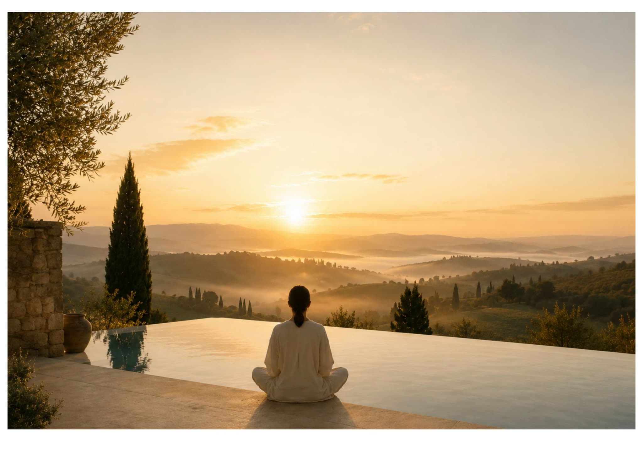 Panoramic view of Tuscany at sunset, serene golden atmosphere