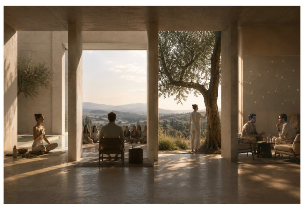 Meditazione al tramonto in un paesaggio toscano