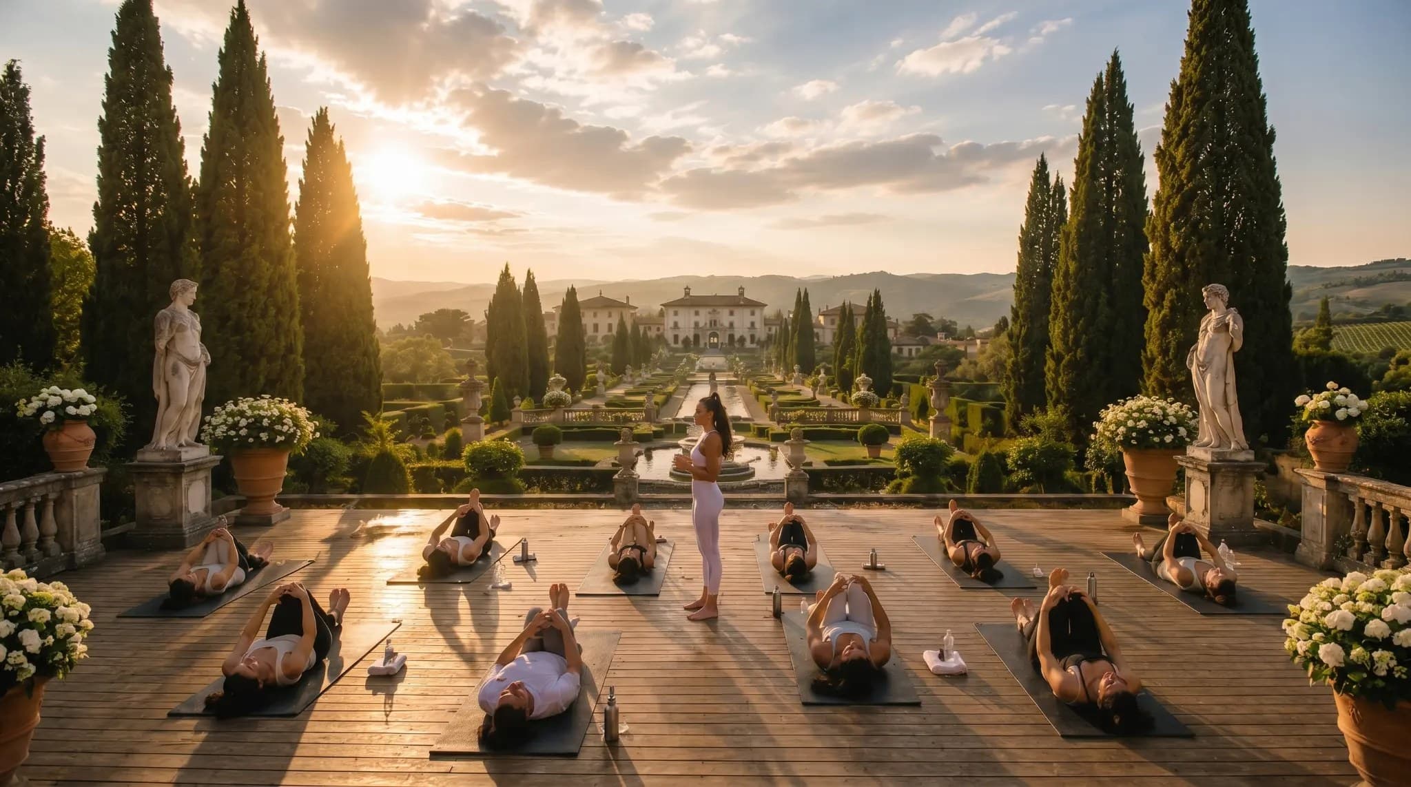 Yoga practice in a Tuscan villa garden at sunset